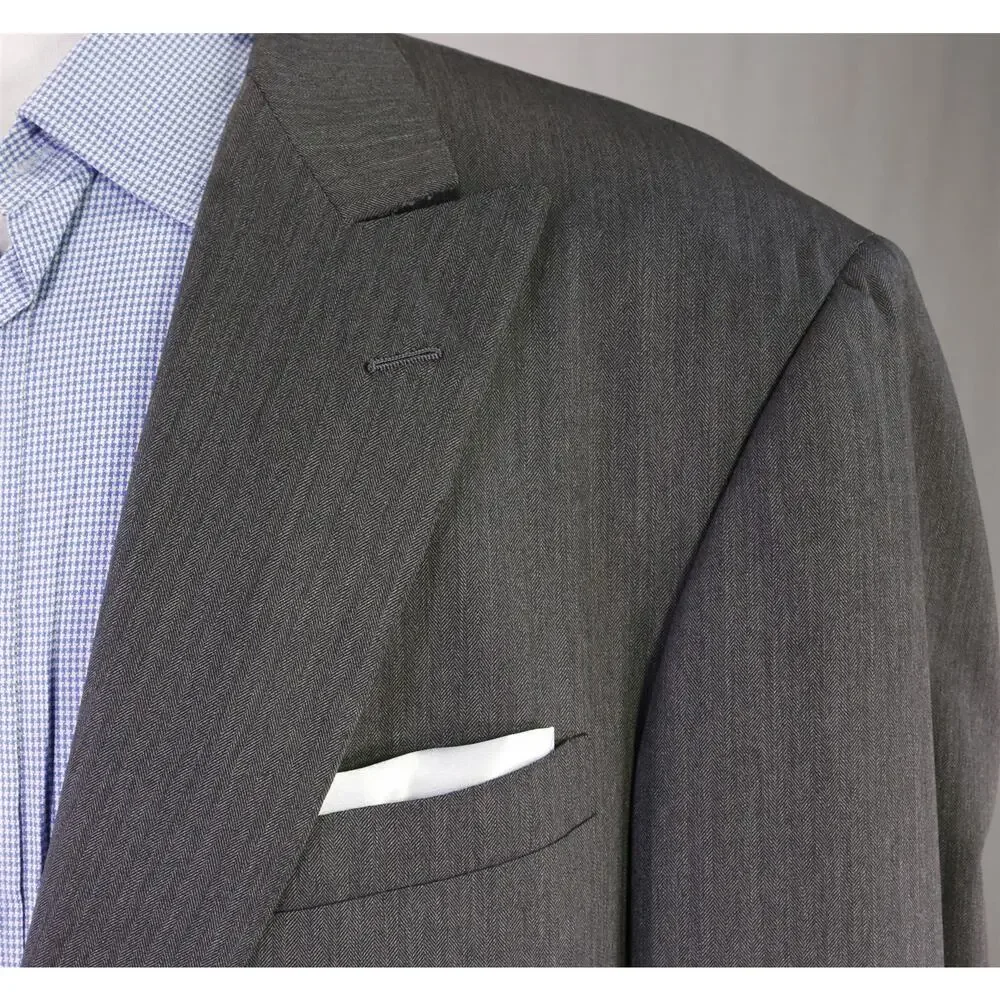 Oxxford Gray Herringbone Peak Lapel 2-Btn Super 140's Wool Blazer 48L